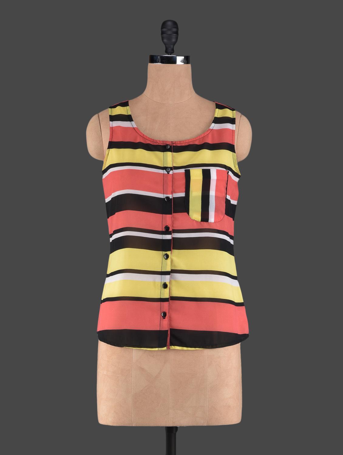 Round Neck Sleeveless Striped Georgette Top - Holidae