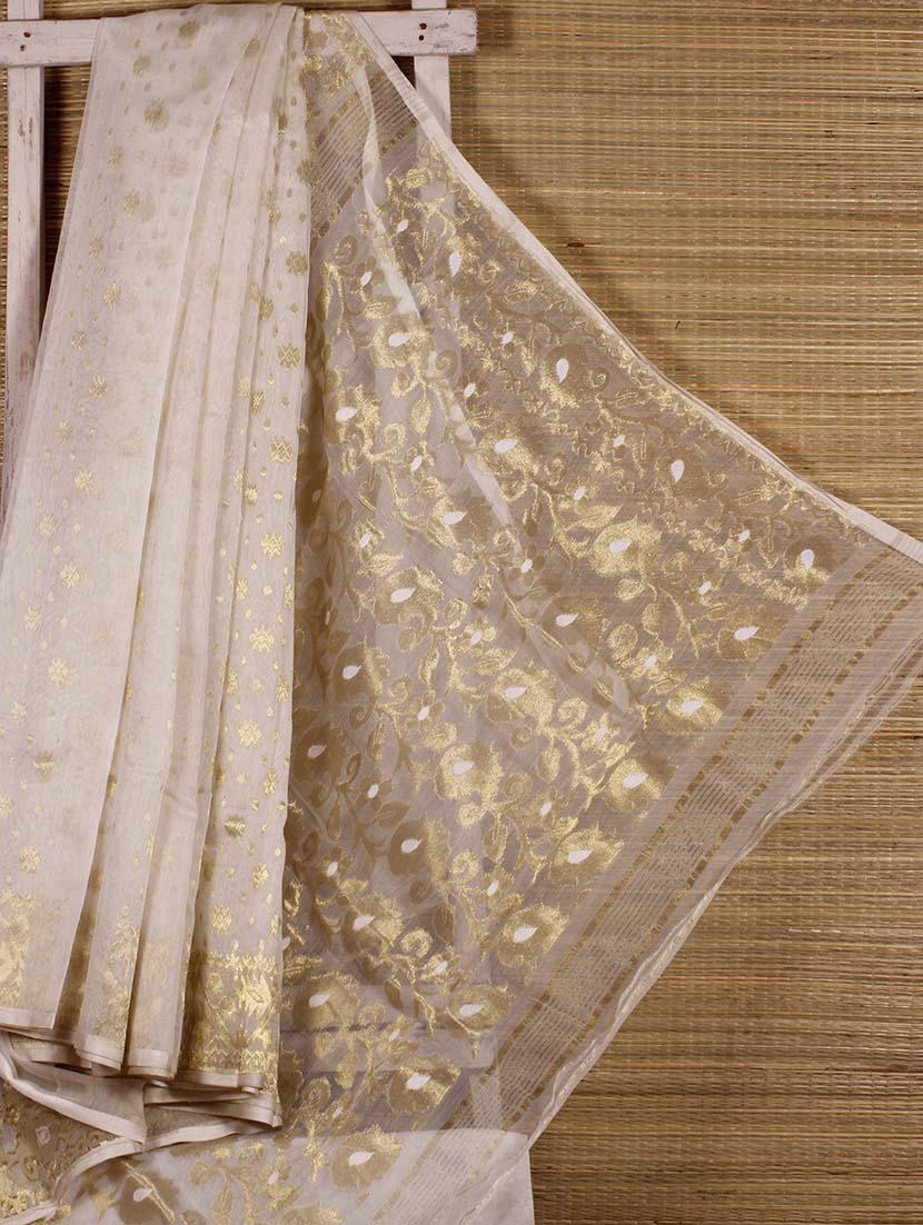 White Floral Cotton Silk Saree - Dharitri's Choice