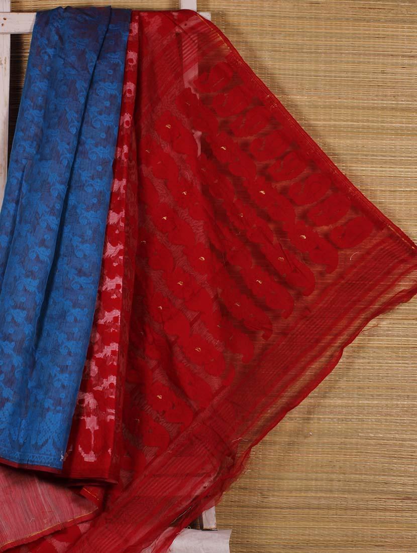 Turquoise And Red Cotton Silk Saree - Dharitri's Choice