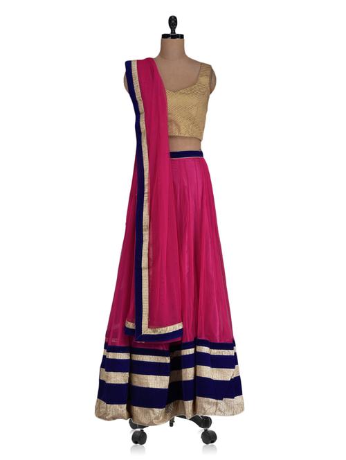 Magenta Net Lehenga Set With Lace Work - 1119539 - Very Small Image - 1