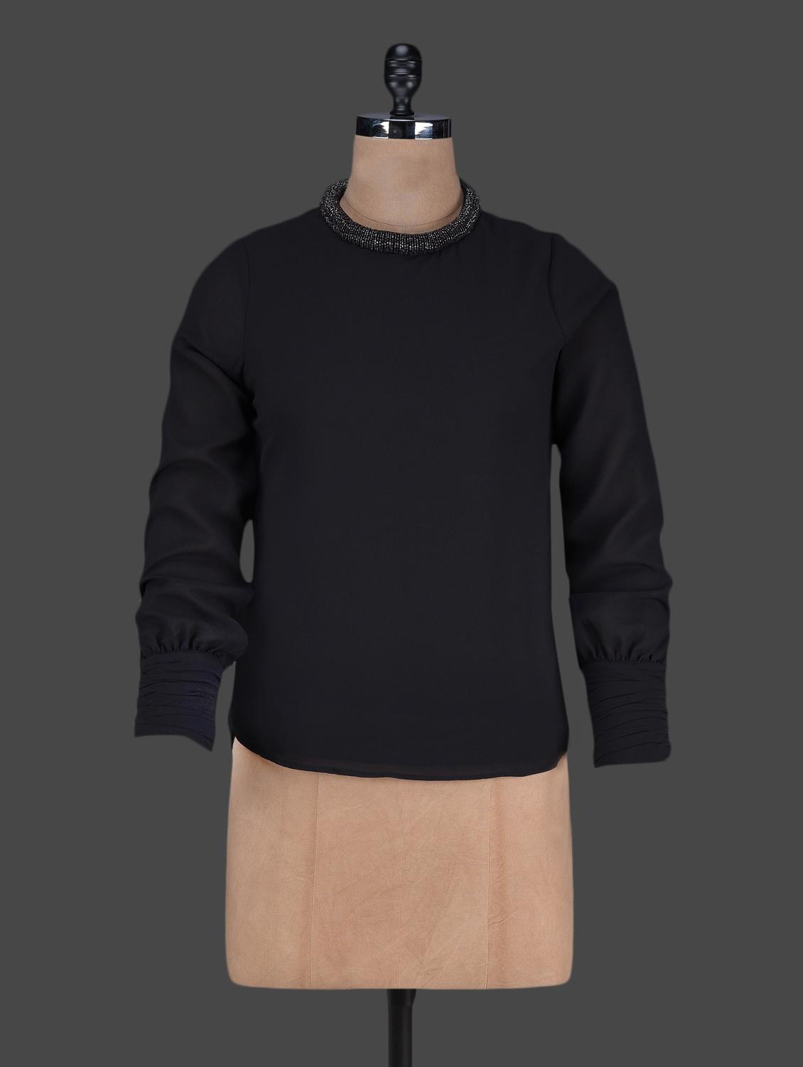 Sequin Neck Long Sleeves Polygeorgette Top - Harpa