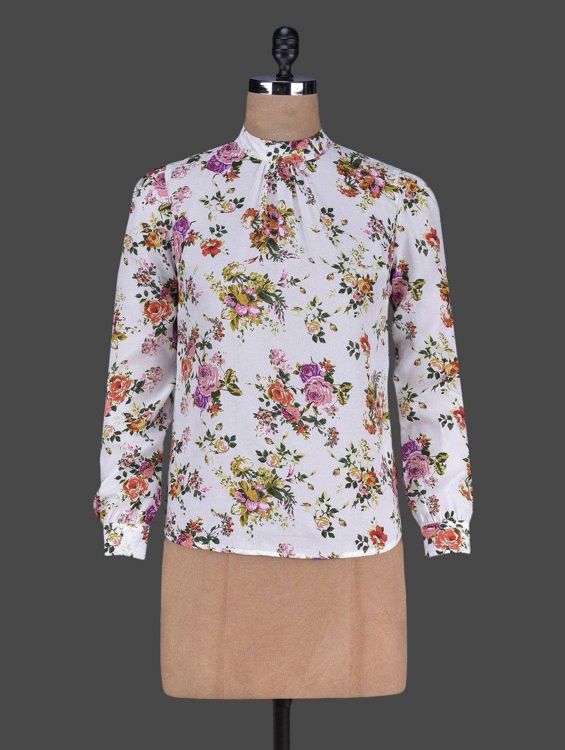 Floral Printed Long Sleeves Polycrepe Top - Harpa