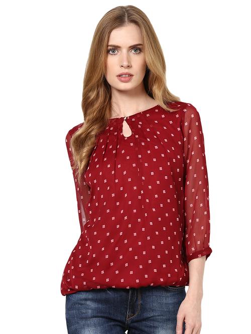 polka dots printed round neck polychiffon top - 1125109 - Standard Image - 1