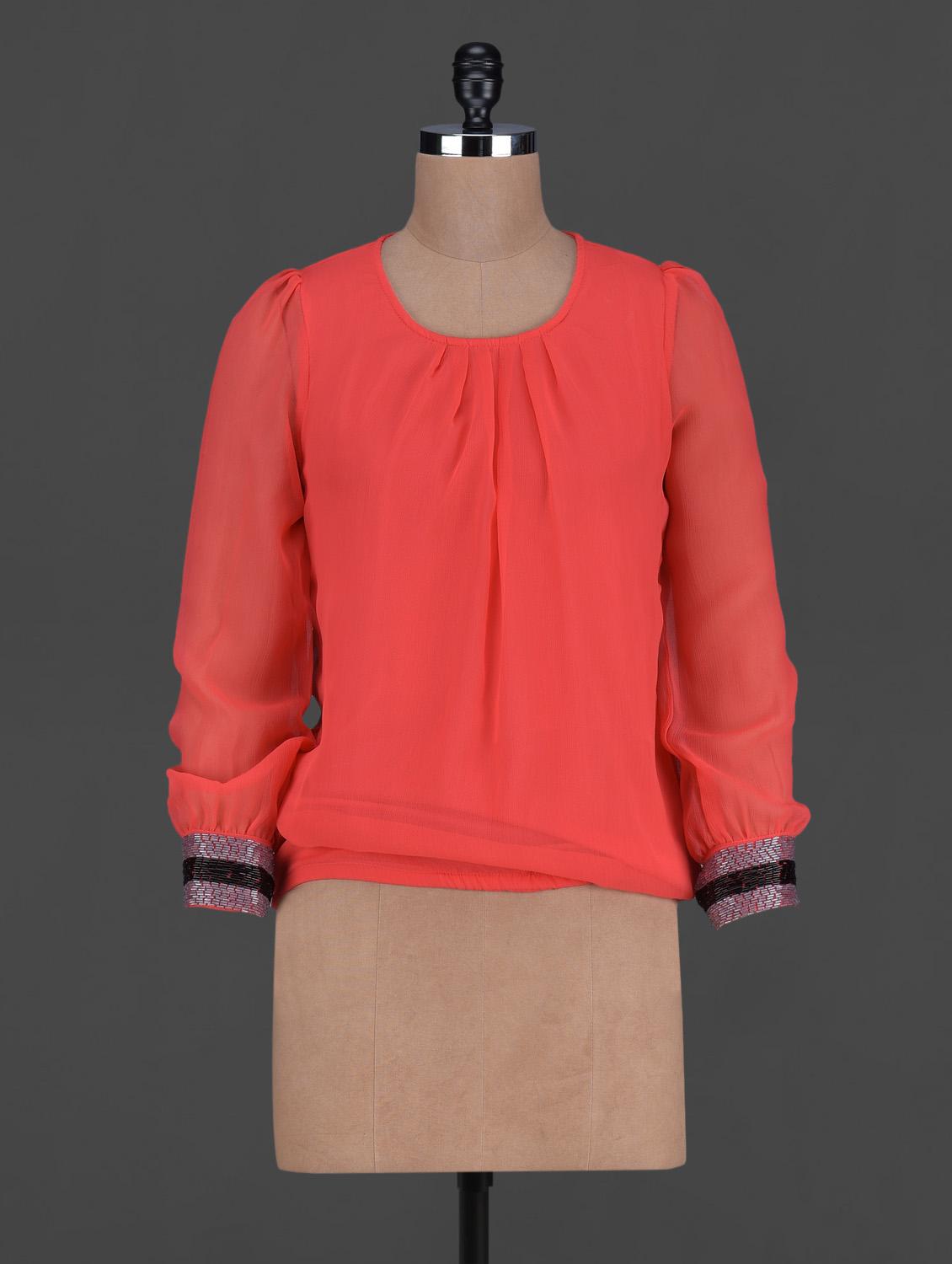 Sequin Cuffs Round Neck Polychiffon Top - Harpa
