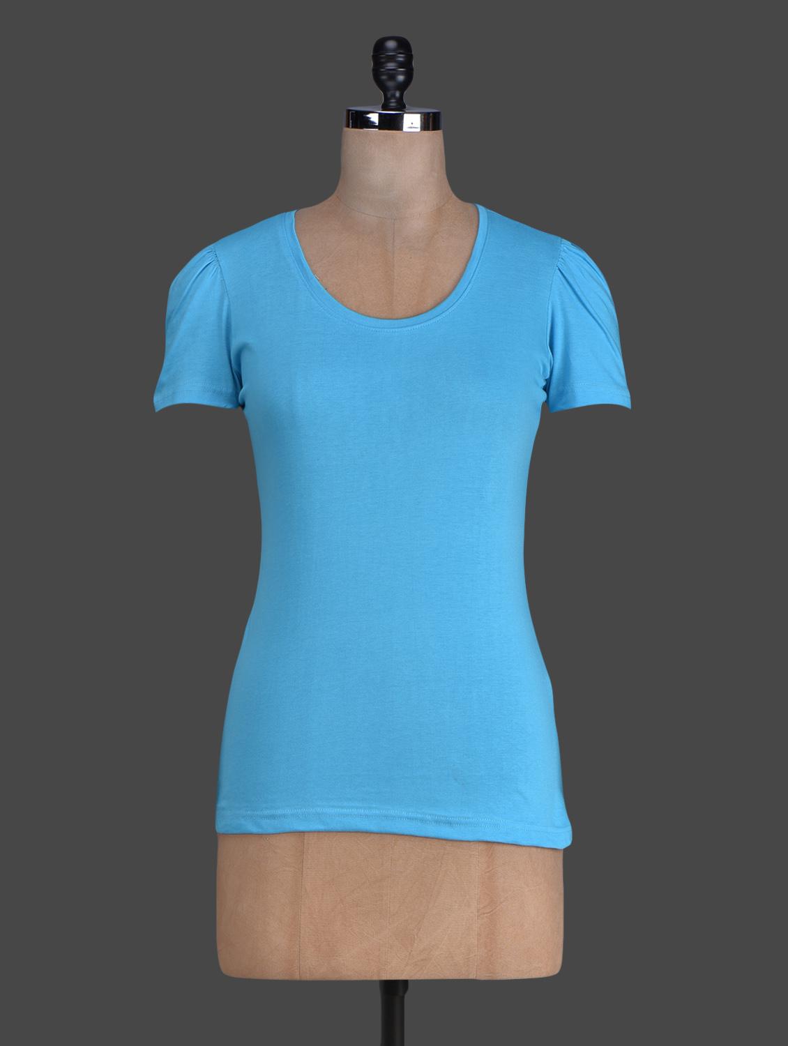 Blue Plain Short Sleeves Cotton Tee - By