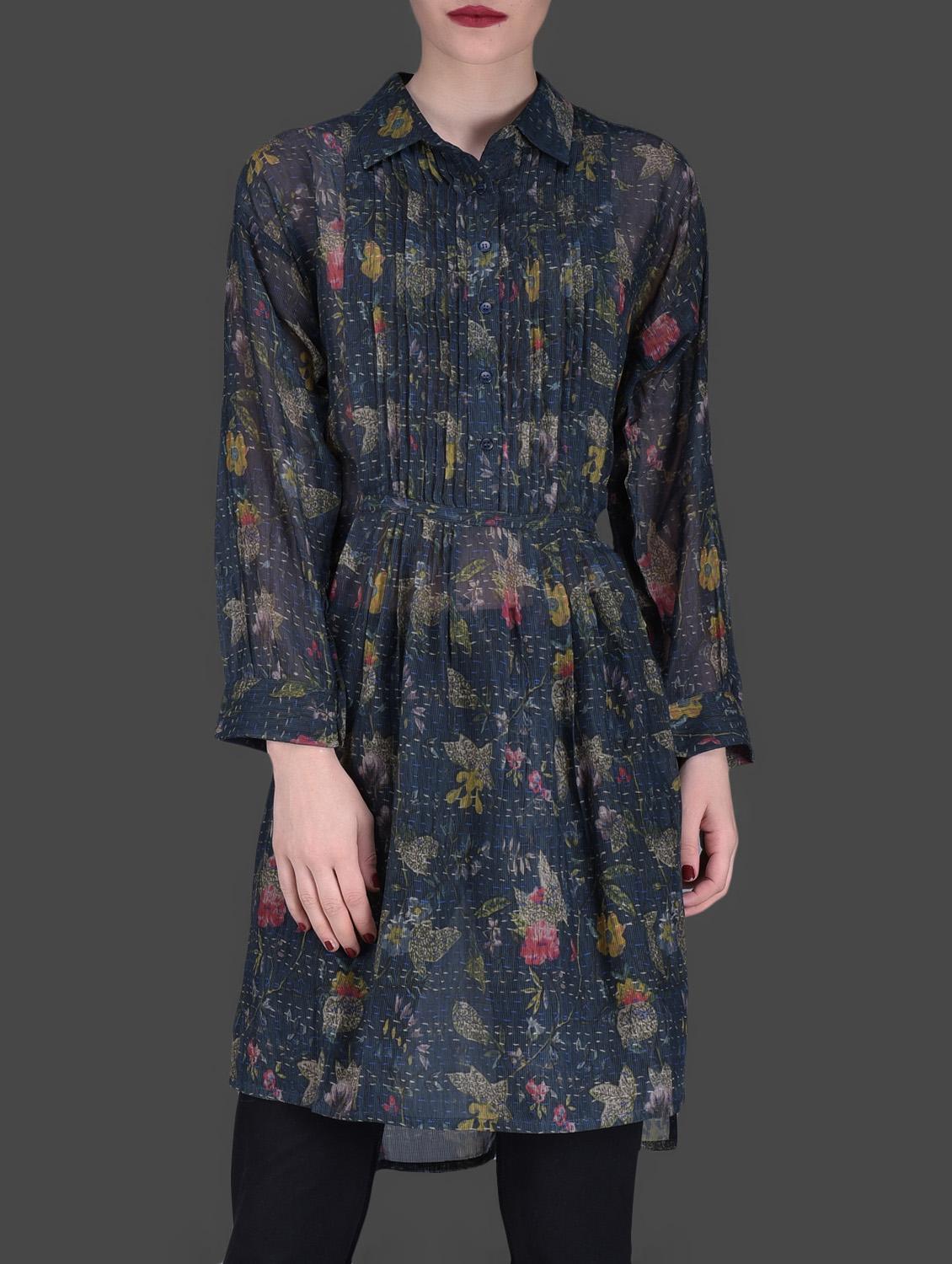 Navy Blue Printed Asymmetric Dress - LABEL Ritu Kumar