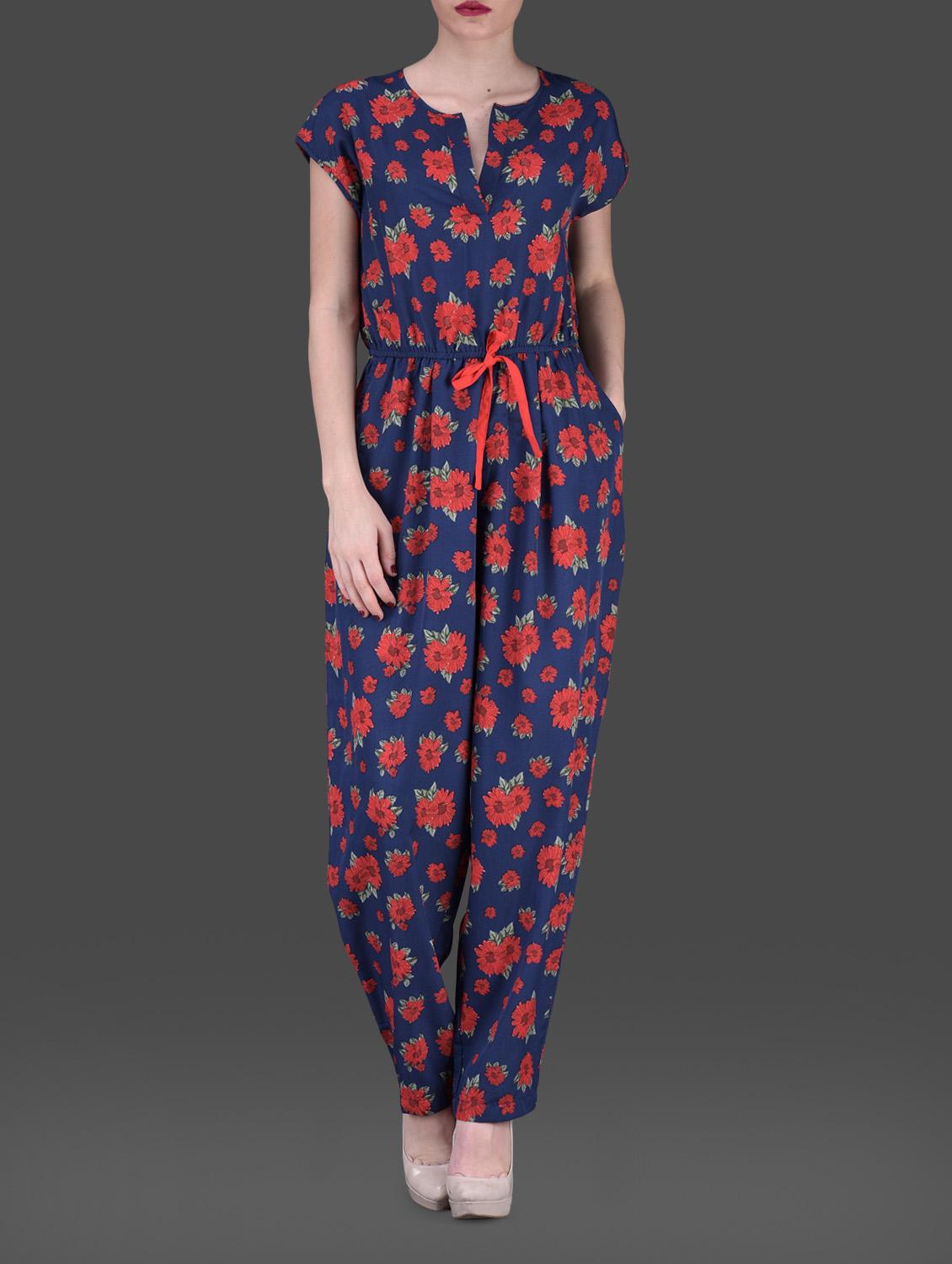 Floral Print Short Sleeves Poly-crepe Jumpsuit - AARDEE