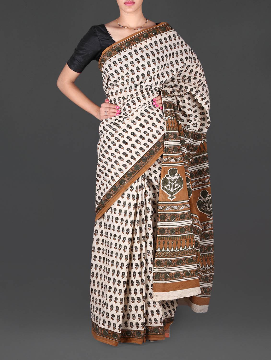 Beige Floral Printed Mulmul Cotton Saree - Aaradhya Creation