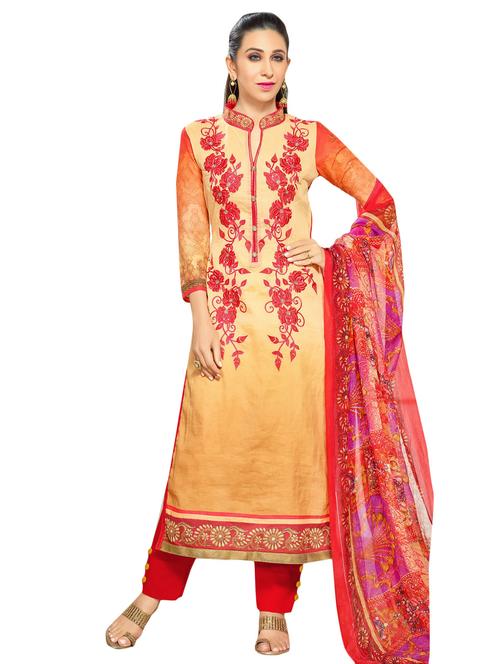 orange floral embroidered cotton unstitched suit set - 11368043 - Very Small Image - 1
