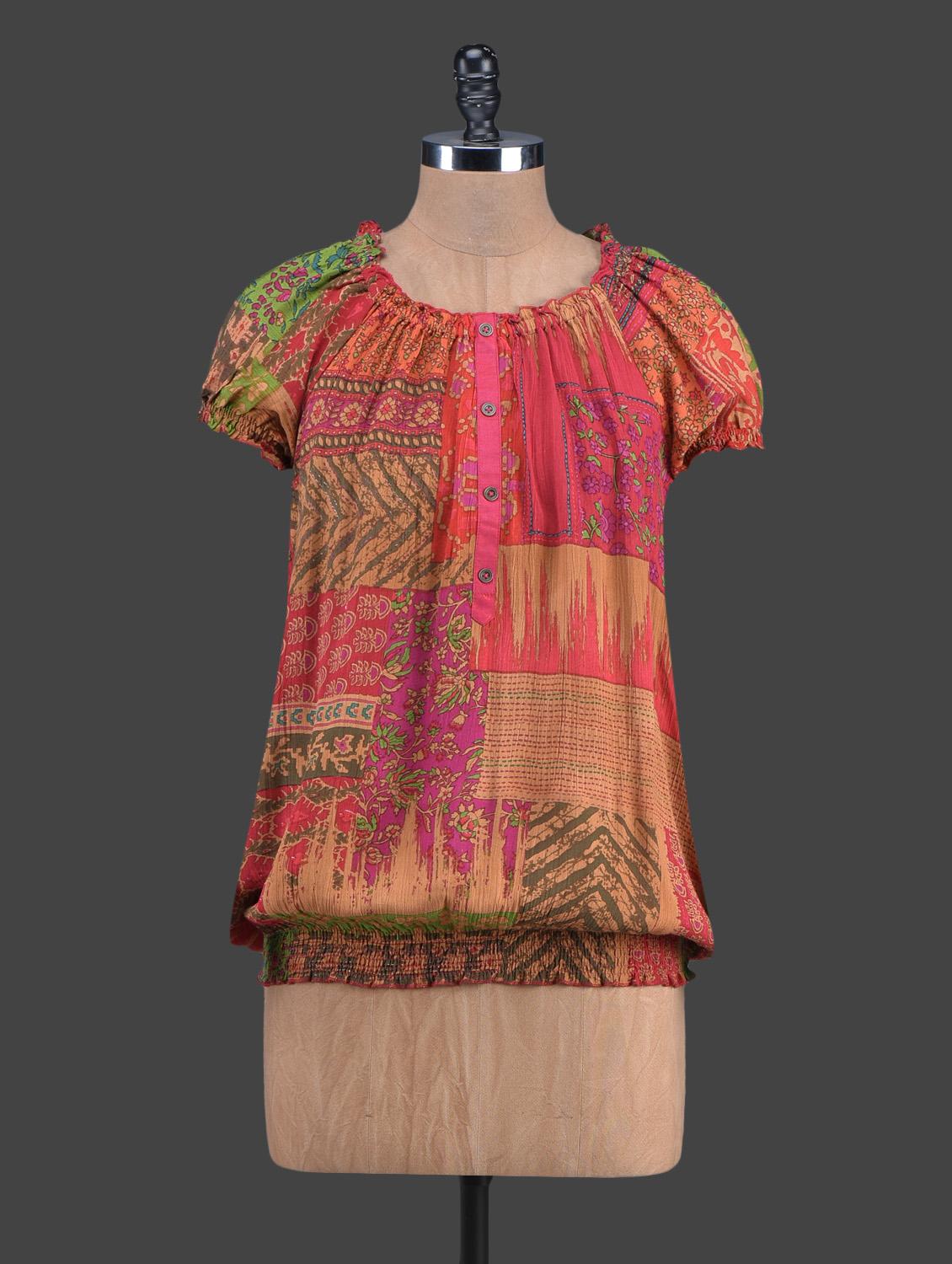 Round Neck Short Sleeve Printed Polycotton Top - TAURUS