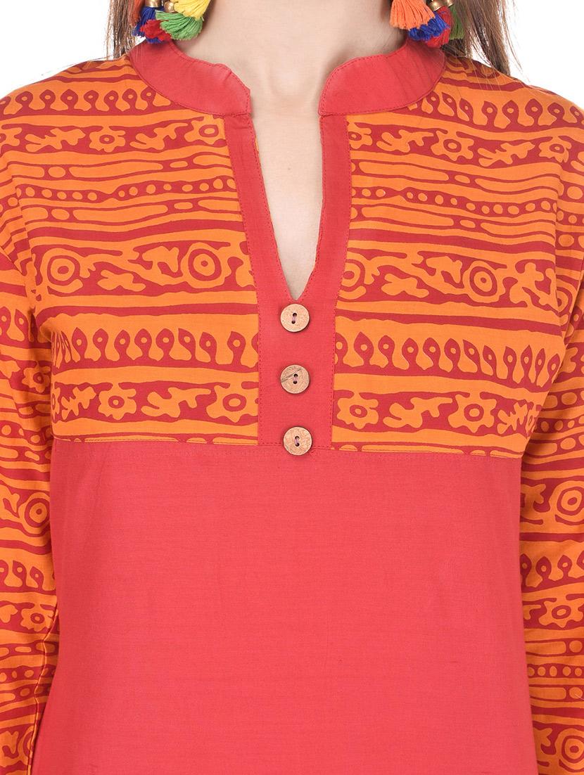 red printed cotton kurta - 11414151 - Zoom Image - 4