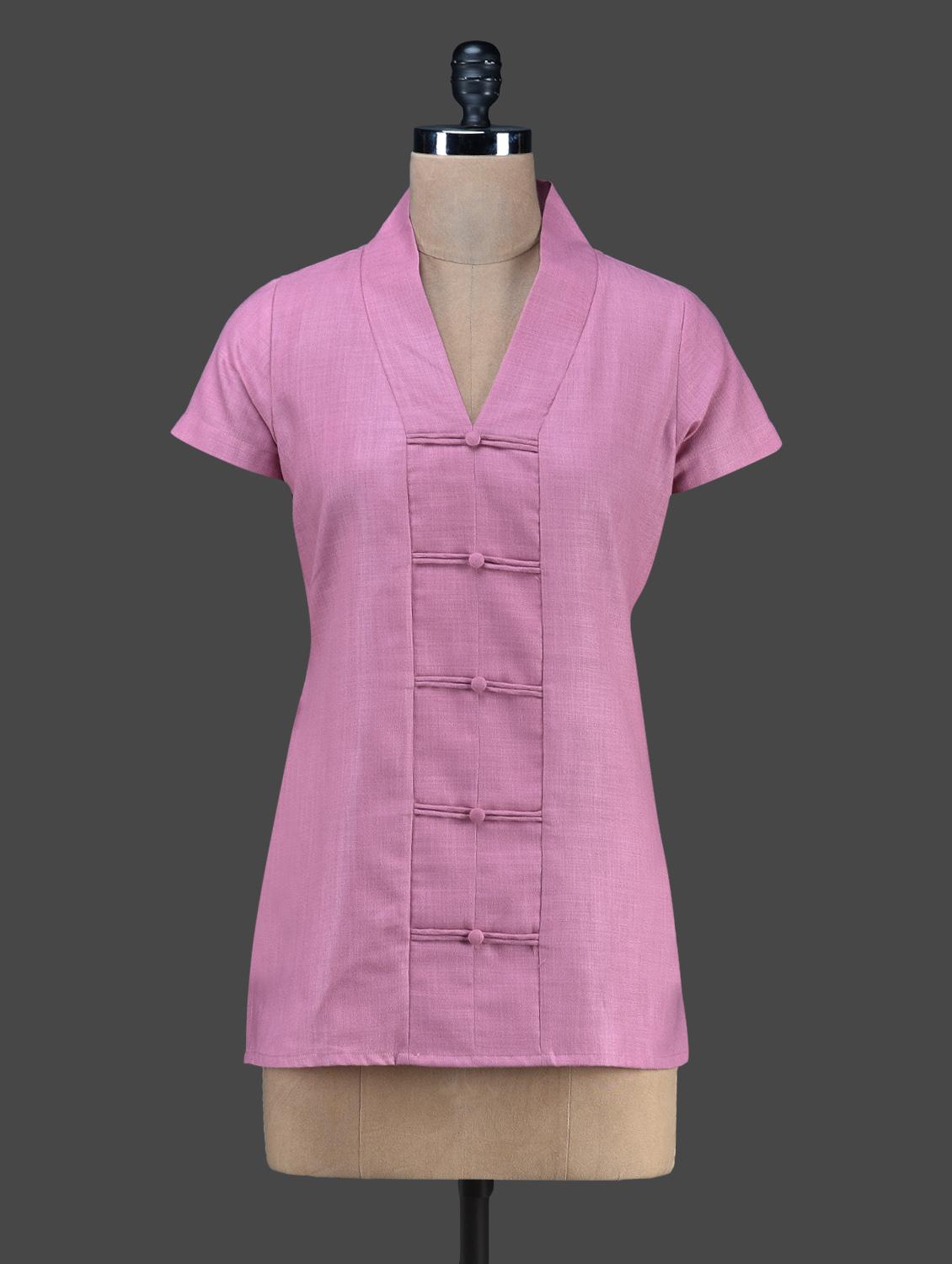 Pink Plain Short Sleeved Cotton Kurta - Vedanta