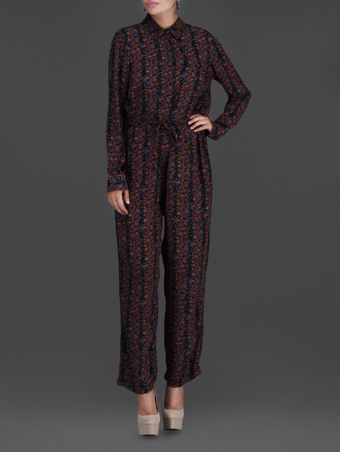Floral Printed Black Full-Sleeve Jumpsuit - LABEL Ritu Kumar