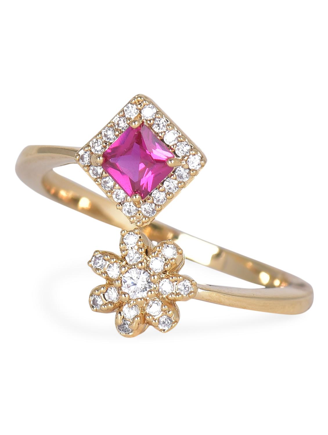 Gold Purple Flower And Diamond Shaped Stone Metallic Ring - By