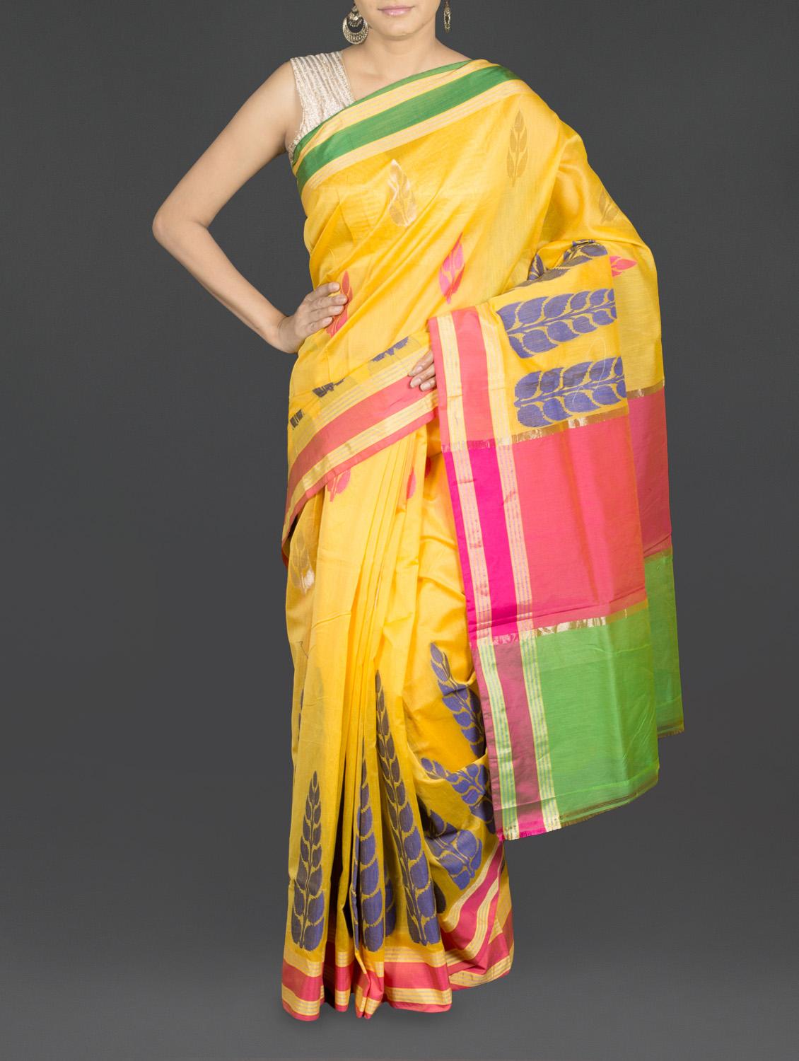 Yellow Leaf Printed Cotton Banarasi Saree - WEAVING ROOTS