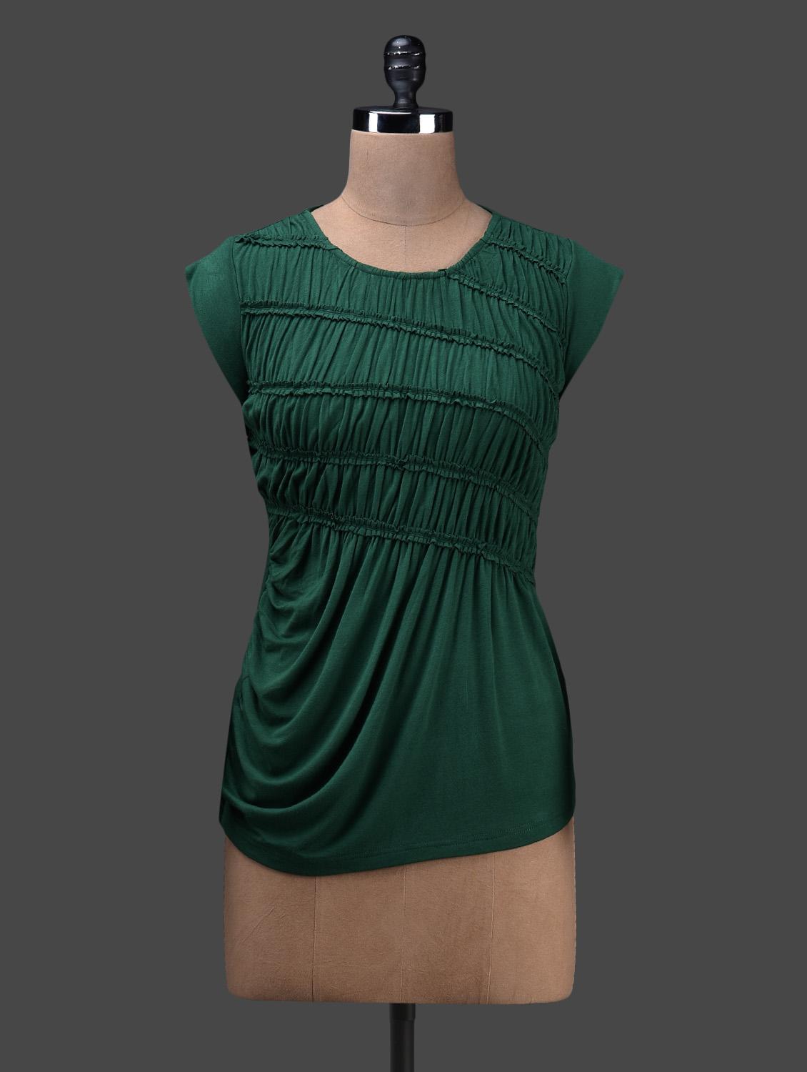 Dark Green Viscose Knit Gathered Top - Glam And Luxe