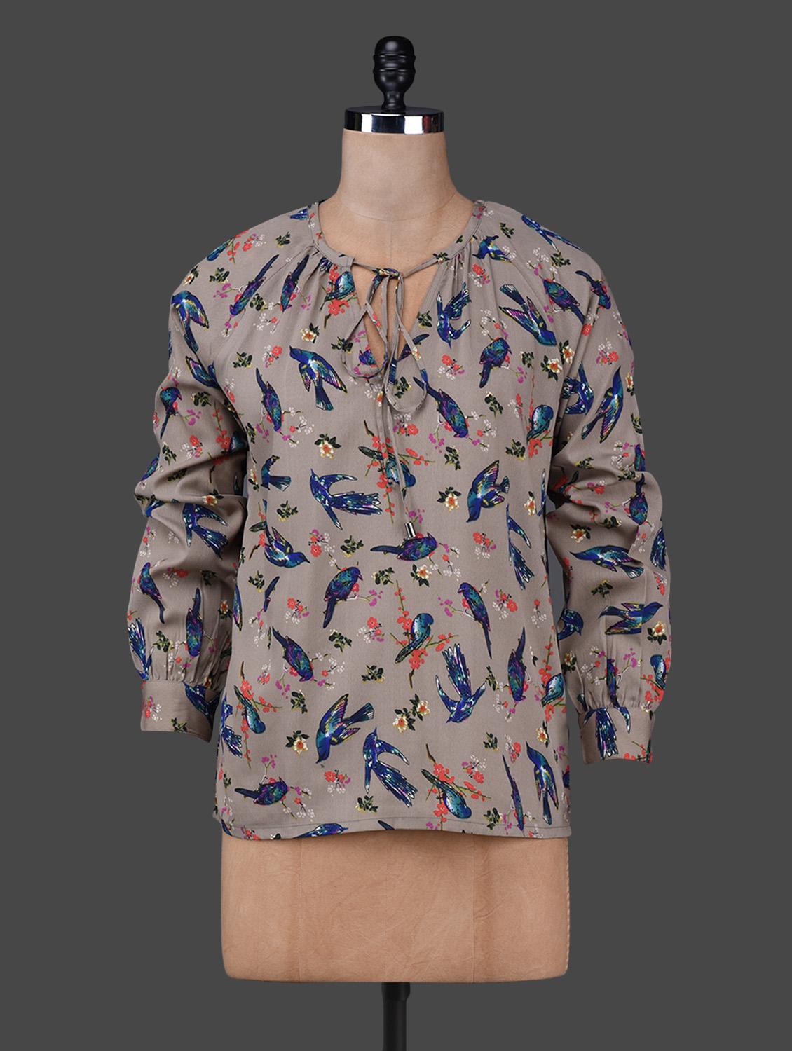 Grey Bird Print Full-sleeved Top - Texco