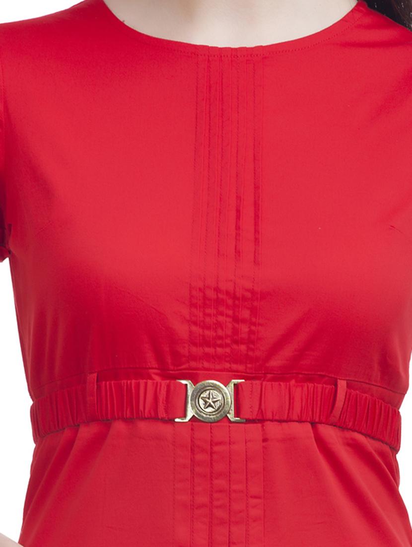 Solid Red Pintucked Belted Dress - 1150073 - Zoom Image - 4