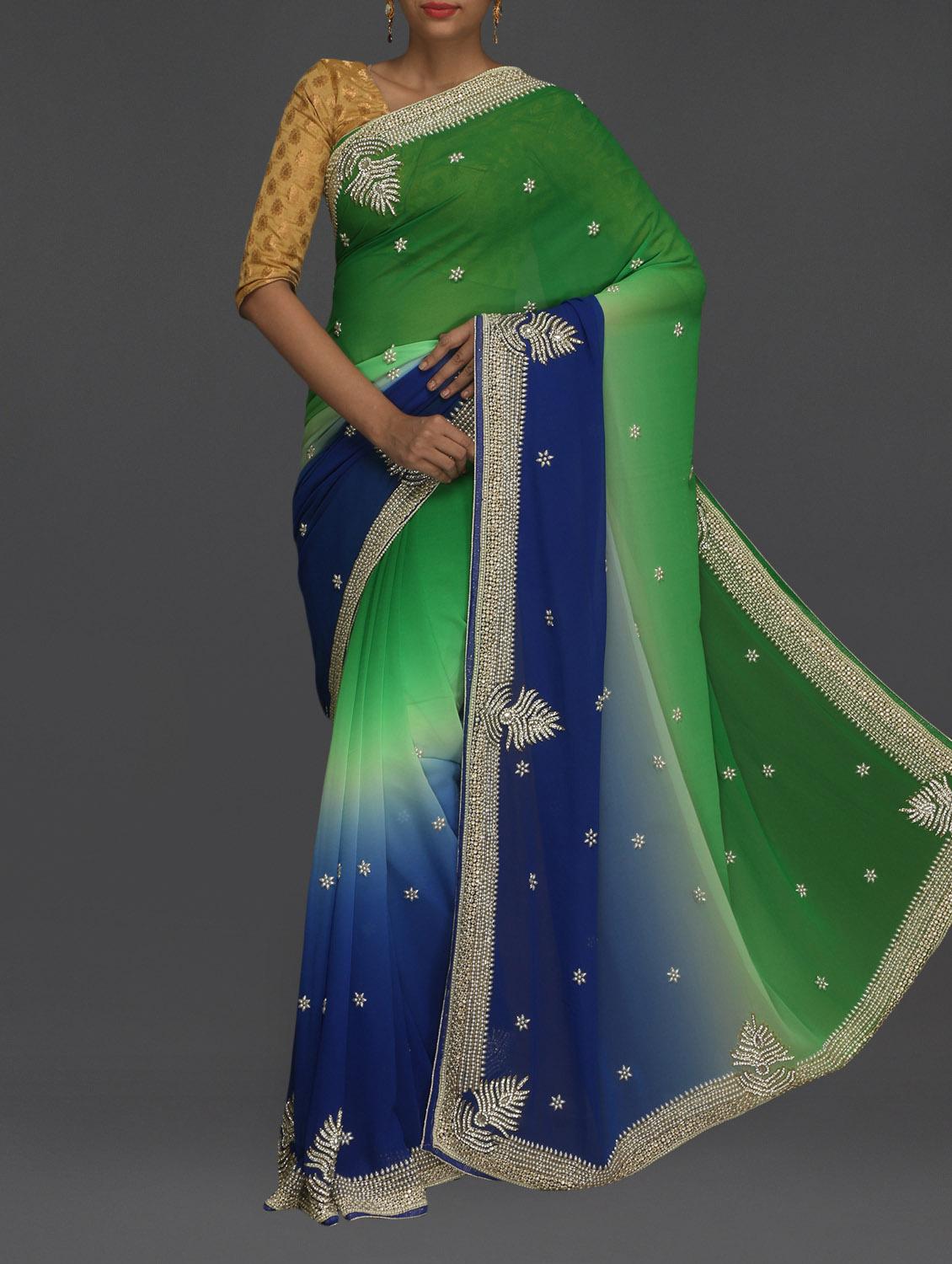 Embellished Blue & Green Ombre Saree - SareesHut