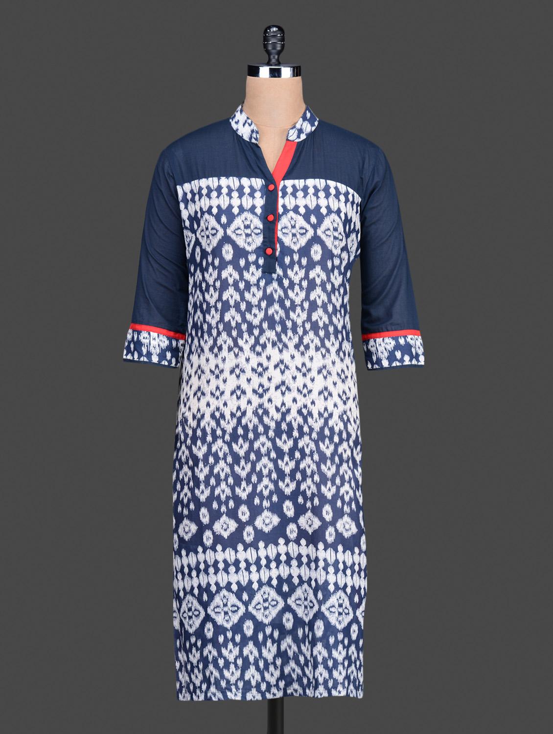 Navy Blue And White Printed Cotton Kurta - Bitterlime