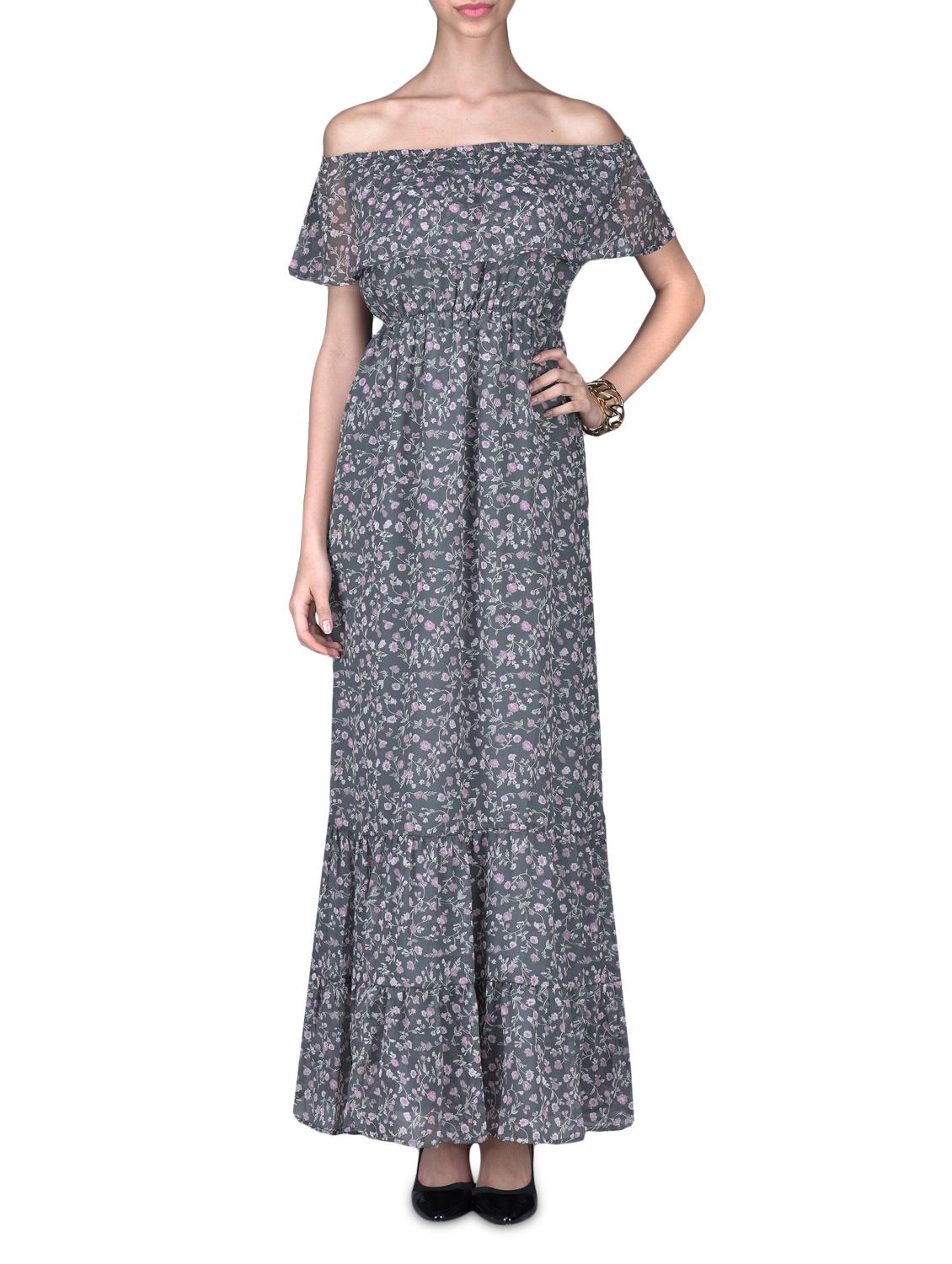 Grey Chiffon Ruffled Printed Maxi Dress - By
