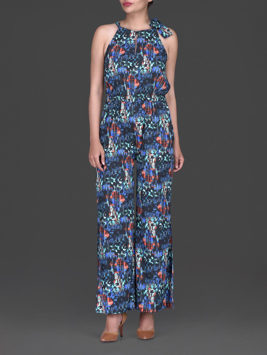 Blue Abstract Floral Printed Polycrepe Jumpsuit - By
