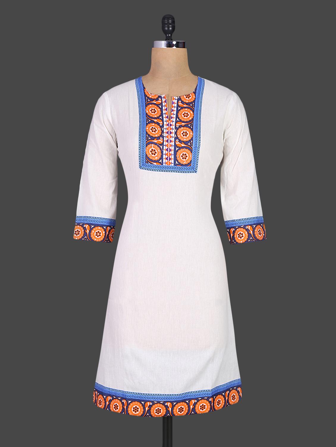 Printed Neck & Border Quarter Sleeves Cotton Kurta - DESHWALI