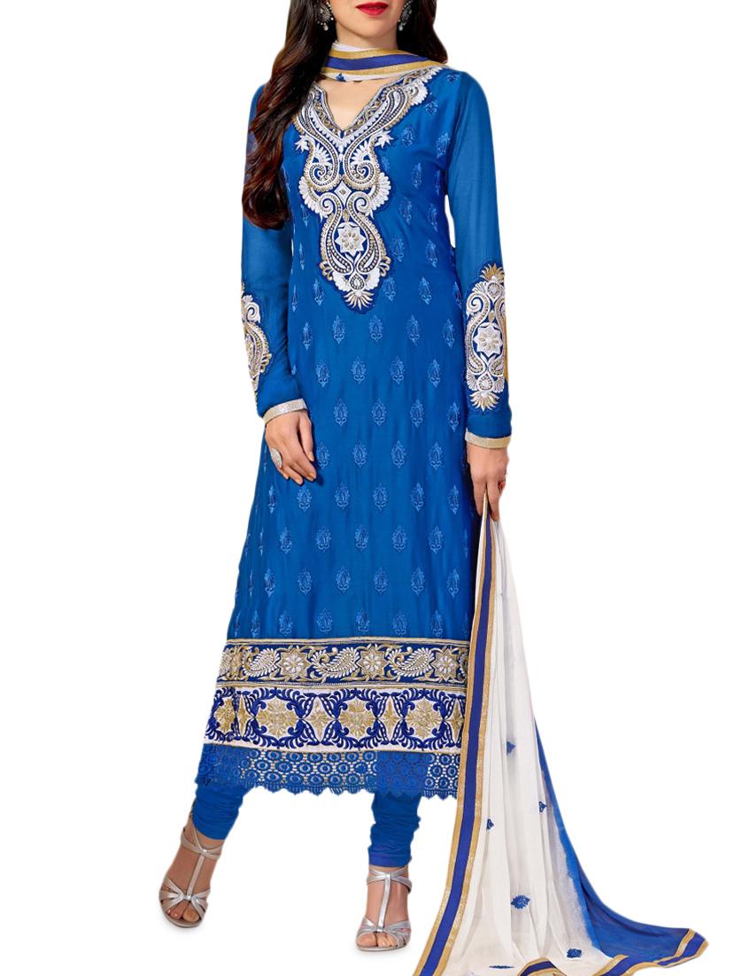 Blue Embroidered Stain And Cotton Straight Salwar Suit Suit Set - PARISHA