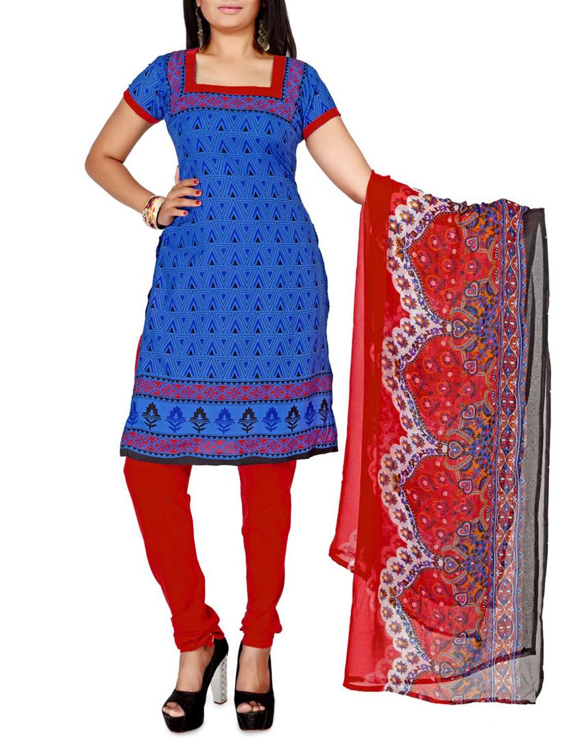 Blue Printed Cotton Unstitched Patiala Suit Set - PARISHA