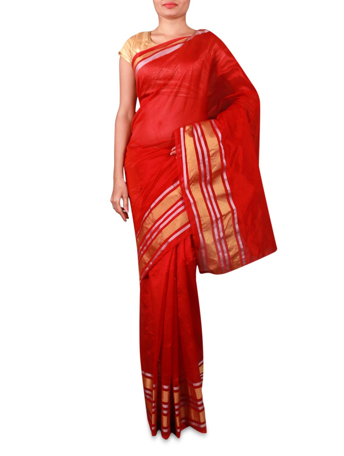 Red Cotton Silk Saree With Striped Border - INDI WARDROBE