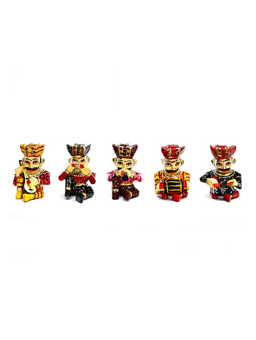 Hand Painted Wooden Rajasthan Musicians (Set Of 5) - By