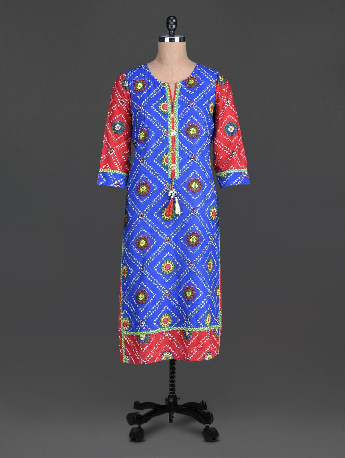 Blue Beads Printed Cotton Round Neck Kurta - By