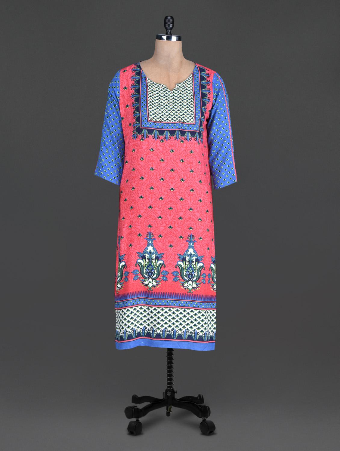 Red Sequin Worked Printed Cotton Round Neck Kurta - SHREE