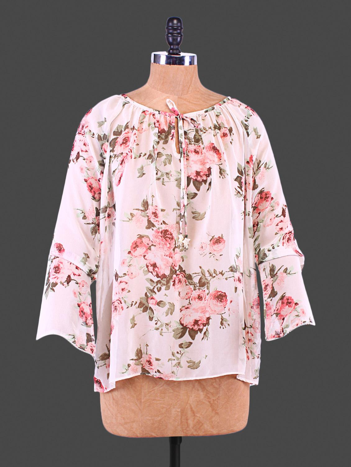 White Rose Printed Polyester Top - By