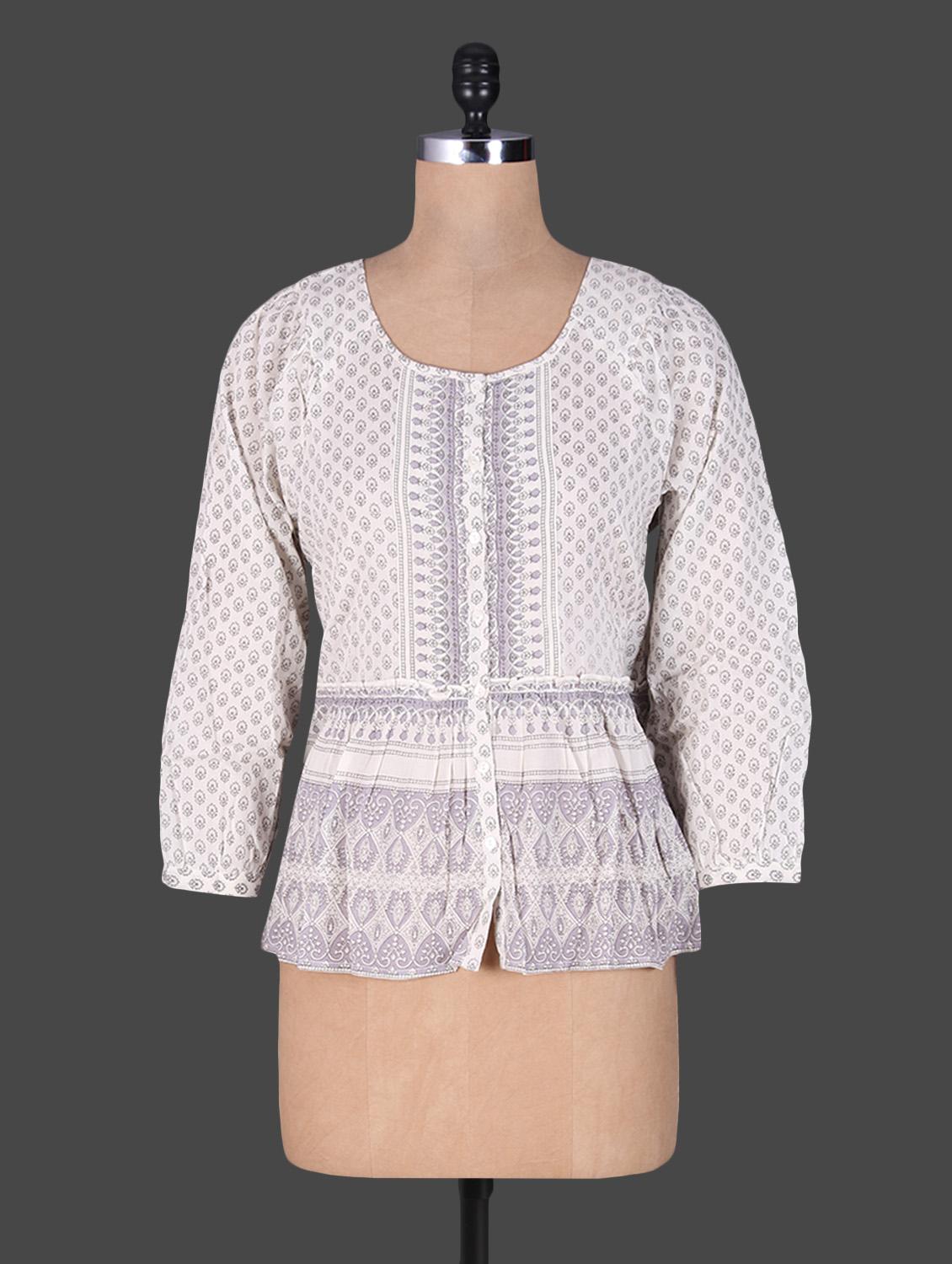 White Printed Cotton Gathered Top - GOODWILL