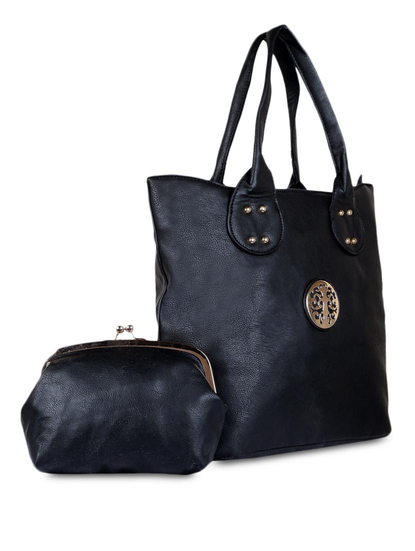 Plain Solid Black Leatherette Handbag - SATCHEL Bags