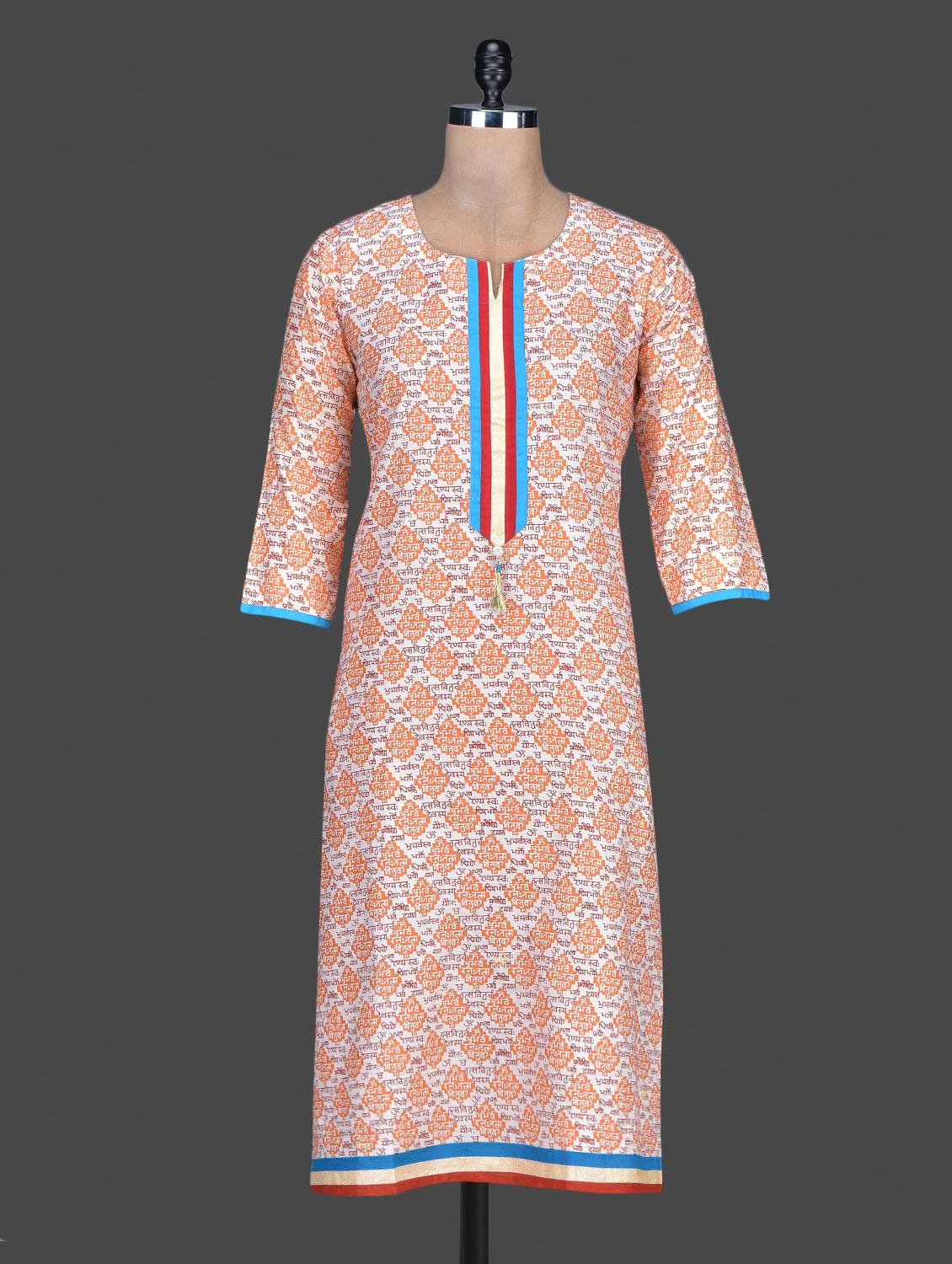 Orange Printed Cotton Round Neck Kurta - By