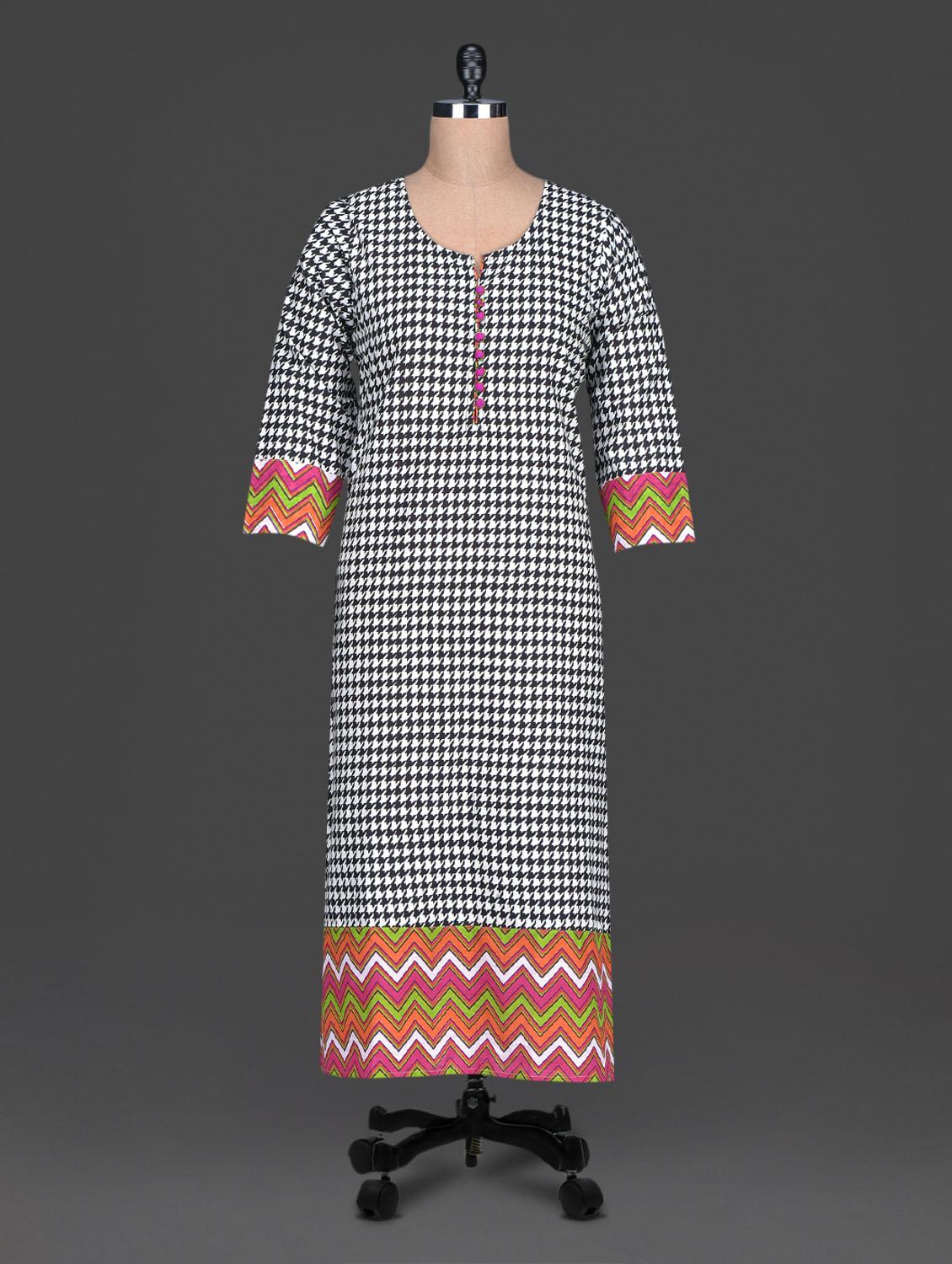 Black Printed Cotton Round Neck Kurta - SHREE
