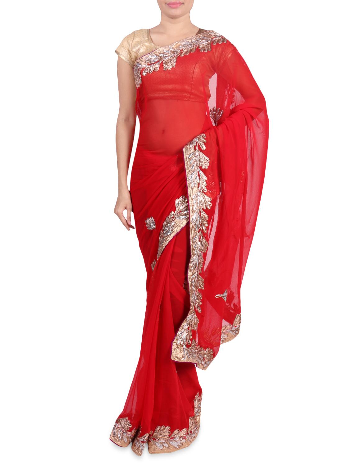 Red Chiffon Embroidered Saree - By
