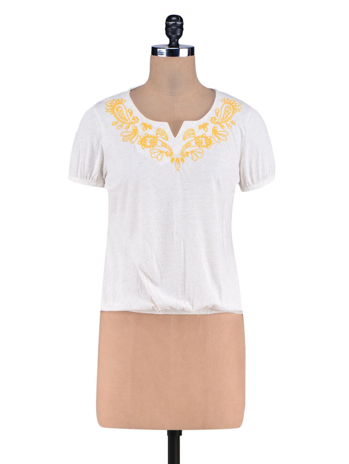 White Embroidered Knitted Cotton Top - By