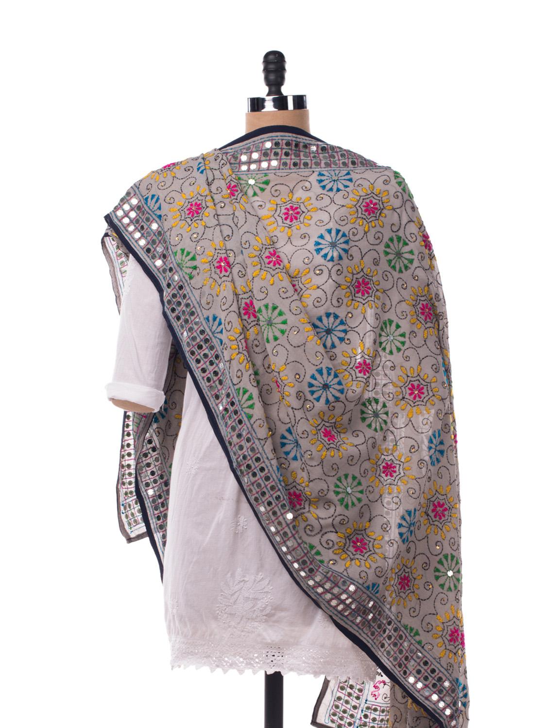 Grey Brightly Embroidered Dupatta - Vayana