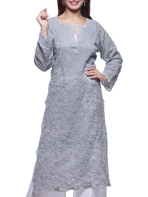 Grey Chikankari Embroidered Georgette Kurta - 11960459 - Very Small Image - 1