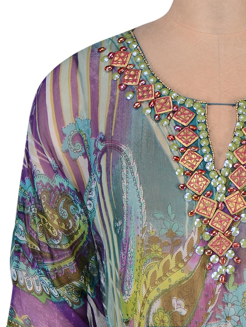 Green Viscose Chiffon Printed Kaftan - 1196752 - Zoom Image - 4
