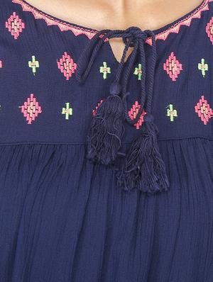 Navy Blue Embroidered Cotton Top - 12082046 - Standard Image - 4
