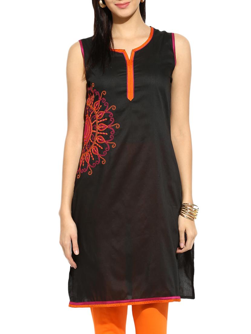 Black Poly Cotton Straight Kurta - By
