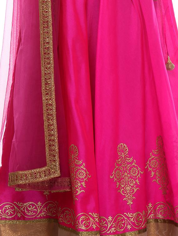 Pink Hand Block Printed Unstitched Lehenga - 12131095 - Zoom Image - 4