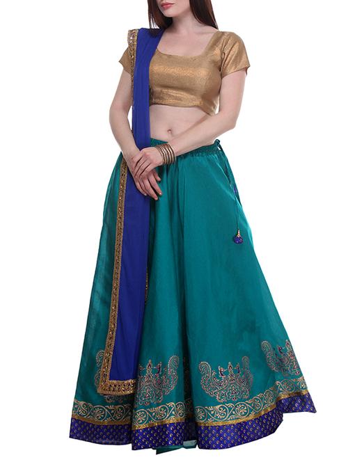 Teal Hand Block Printed Lehenga Set - 12131096 - Very Small Image - 1