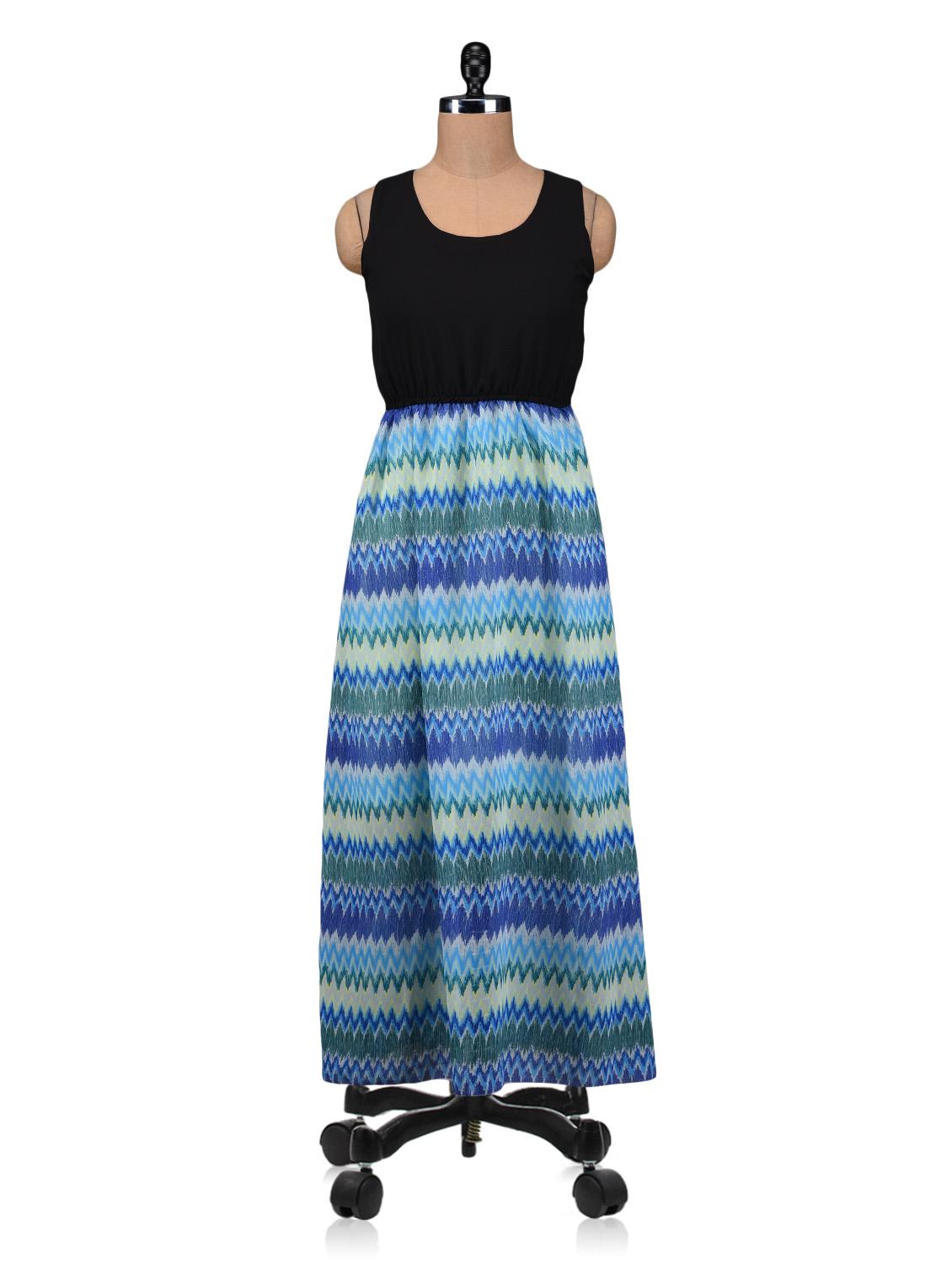 Blue And Black Polygeorgette Printed Maxi Dress - By