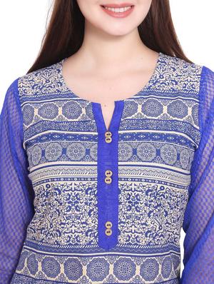 blue cotton straight kurta - 12157121 - Standard Image - 4
