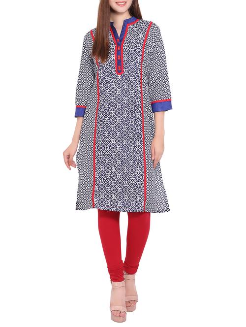 blue cotton printed straight kurta - 12157128 - Standard Image - 1